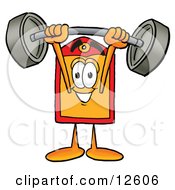 Clipart Picture Of A Price Tag Mascot Cartoon Character Holding A Heavy Barbell Above His Head