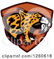 Poster, Art Print Of Roaring Aggressive Leopard Mascot Over A Black Shield