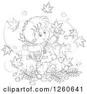 Poster, Art Print Of Black And White Happy School Boy Jumping In Autumn Leaves