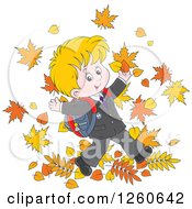 Happy Blond White School Boy Jumping In Autumn Leaves