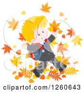 Poster, Art Print Of Happy Blond Caucasian School Boy Jumping In Autumn Leaves