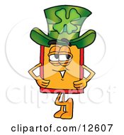 Clipart Picture Of A Price Tag Mascot Cartoon Character Wearing A Saint Patricks Day Hat With A Clover On It