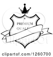 Clipart Of A Black And White Crowned Premium Quality Shield With A Blank Banner Royalty Free Vector Illustration