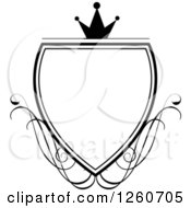 Clipart Of A Black And White Crowned Shield With Swirls Royalty Free Vector Illustration
