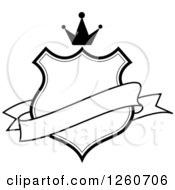 Clipart Of A Black And White Crowned Shield With A Blank Banner Royalty Free Vector Illustration