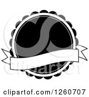 Clipart Of A Round Black And White Label With A Blank Banner Royalty Free Vector Illustration