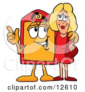 Clipart Picture Of A Price Tag Mascot Cartoon Character Talking To A Pretty Blond Woman