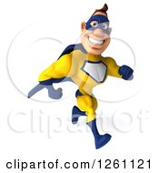Clipart Of A 3d Caucasian Yellow And Blue Super Hero Man Running Royalty Free Illustration