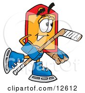 Price Tag Mascot Cartoon Character Playing Ice Hockey