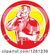 Clipart Of A Retro Woodcut Plumber Hollering And Holding A Monkey Wrench In A Red White And Yellow Circle Royalty Free Vector Illustration