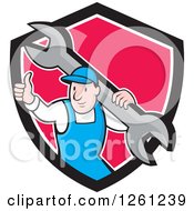 Clipart Of A Cartoon White Male Plumber Holding A Thumb Up And Giant Wrench In A Black White And Pink Shield Royalty Free Vector Illustration