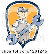 Poster, Art Print Of Retro Cartoon Man Holding A Spanner Wrench In A Blue White And Yellow Shield