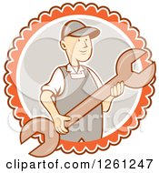 Poster, Art Print Of Retro Cartoon Man Holding A Spanner Wrench In A White Gray And Orange Circle