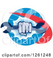 Poster, Art Print Of Retro Cartoon Hand Breaking Through A Circle With A Spanner Wrench