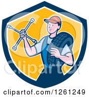 Poster, Art Print Of Retro Male Mechanic Holding A Socket Wrench And A Tire In A Blue White And Yellow Shield