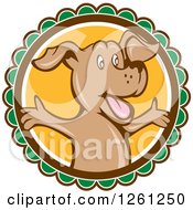 Poster, Art Print Of Happy Cartoon Brown Dog With Open Arms On A Round Label