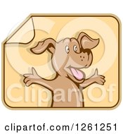 Clipart Of A Happy Cartoon Brown Dog With Open Arms On A Peeling Label Royalty Free Vector Illustration