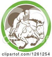 Retro Male Jockey On A Leaping Horse In A Green White And Brown Circle