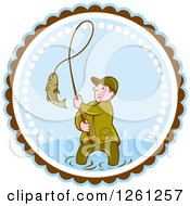 Poster, Art Print Of Cartoon Wading Fisherman Reeling In A Fish In A Brown White And Blue Circle
