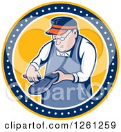 Retro Cartoon Shoemaker Working In A Yellow Blue And White Circle