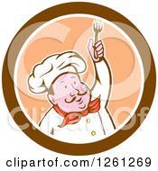 Clipart Of A Cartoon Male Chef Holding Up A Fork In A Brown Orange And White Circle Royalty Free Vector Illustration by patrimonio