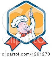 Clipart Of A Cartoon Male Chef Holding Up A Fork On A Ribbon Royalty Free Vector Illustration