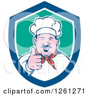 Poster, Art Print Of Cartoon Male Chef Holding A Thumb Up In A Blue White And Green Shield