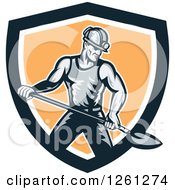 Retro Coal Miner Man Shoveling In A Black White And Orange Shield