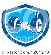 Clipart Of A 3d Hand Holding A Dumbbell In A Blue Gray And White Shield Royalty Free Vector Illustration