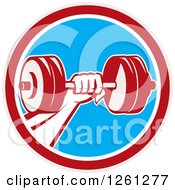 Poster, Art Print Of Retro Bodybuilders Hand Holding A Dumbbell In A Red White And Blue Circle