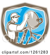 Retro Male Satellite Installer Adjusting A Dish In A Brown White And Blue Shield