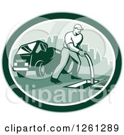 Clipart Of A Retro Male Drain Cleaner Worker Man In A Green Oval Royalty Free Vector Illustration