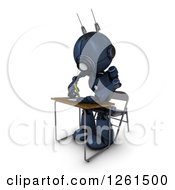 Poster, Art Print Of 3d Blue Android Robot Student Writing At A Desk