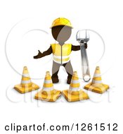 Clipart Of A 3d Brown Man Construction Worker With Cones And A Giant Wrench Royalty Free Vector Illustration
