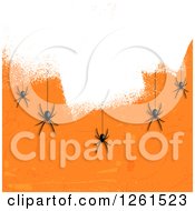 Clipart Of A Halloween Background Of Black Spiders Hanging Over White Paint On Orange Royalty Free Vector Illustration by KJ Pargeter