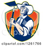 Poster, Art Print Of Retro Woodcut Cowboy Farmer Holding A Hoe Over A Shield Of Rays