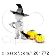 Poster, Art Print Of 3d White Witch Holding A Broom By Pumpkins