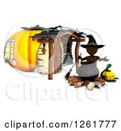 Poster, Art Print Of 3d Brown Witch With A Cauldron At A Halloween Pumpkin House