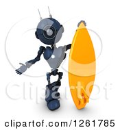 Poster, Art Print Of 3d Blue Android Robot With A Giant Surfboard