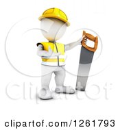 Poster, Art Print Of 3d White Man Construction Worker With A Giant Saw