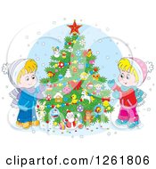 Poster, Art Print Of Happy Caucasian Children Decorating An Outdoor Christmas Tree In The Snow