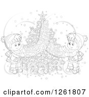 Clipart Of Black And White Happy Children Decorating An Outdoor Christmas Tree In The Snow Royalty Free Vector Illustration