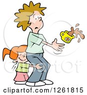 Clipart Of A Sweet Girl Hugging Her Mom From Behind And Scaring Her As She Spills Coffee Royalty Free Vector Illustration by Johnny Sajem