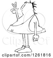 Clipart Of A Black And White Caveman Gesturing Peace Royalty Free Vector Illustration