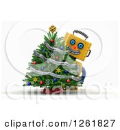 Poster, Art Print Of 3d Happy Yellow Robot Smiling Around A Christmas Tree Over White
