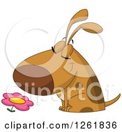 Cartoon Happy Dog Smelling A Flower
