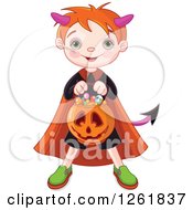Clipart Of A Cute Red Haired Boy Trick Or Treating As A Devil On Halloween Royalty Free Vector Illustration