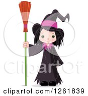 Poster, Art Print Of Cute Halloween Witch Girl Standing With A Broom