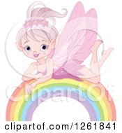 Poster, Art Print Of Happy Pink Fairy Pixie Girl Resting On A Rainbow