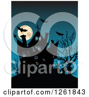Clipart Of A Full Moon With Vampire Bats And A Silhouetted Haunted House Royalty Free Vector Illustration by Pushkin